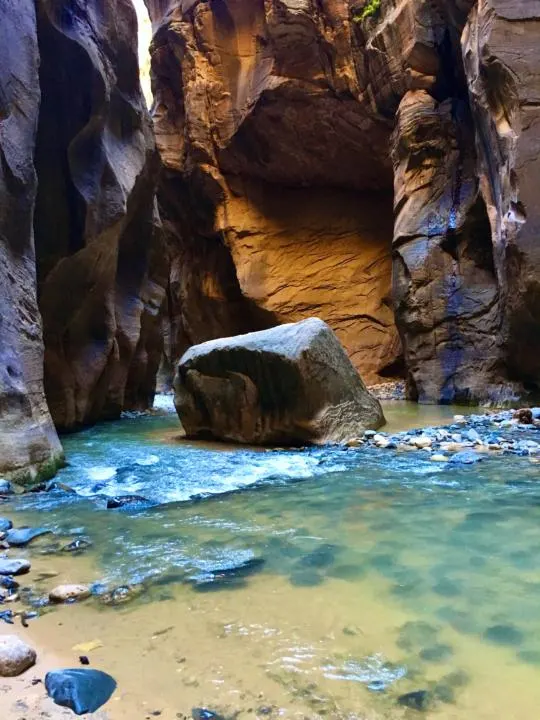 A famous rock that sits right in the middle of the canyon floor of The Narrows.