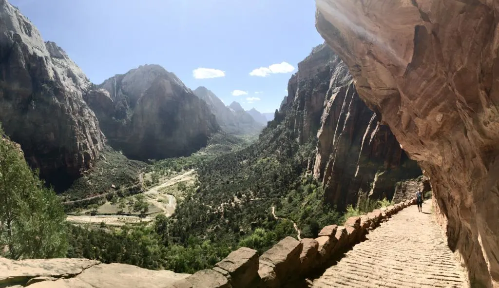 A view down the Zion National Park valley from Angel's Landing Trail which is one of the best hikes in utah