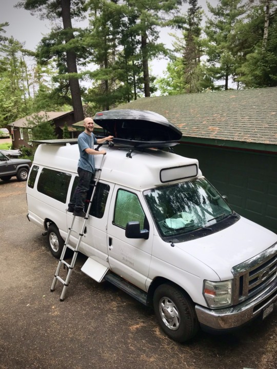How to mount a ski cargo box on fiberglass hightop campervan.