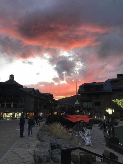 view of the solaris shopping center at sunset which is one of the greatest things to do in vail in summer