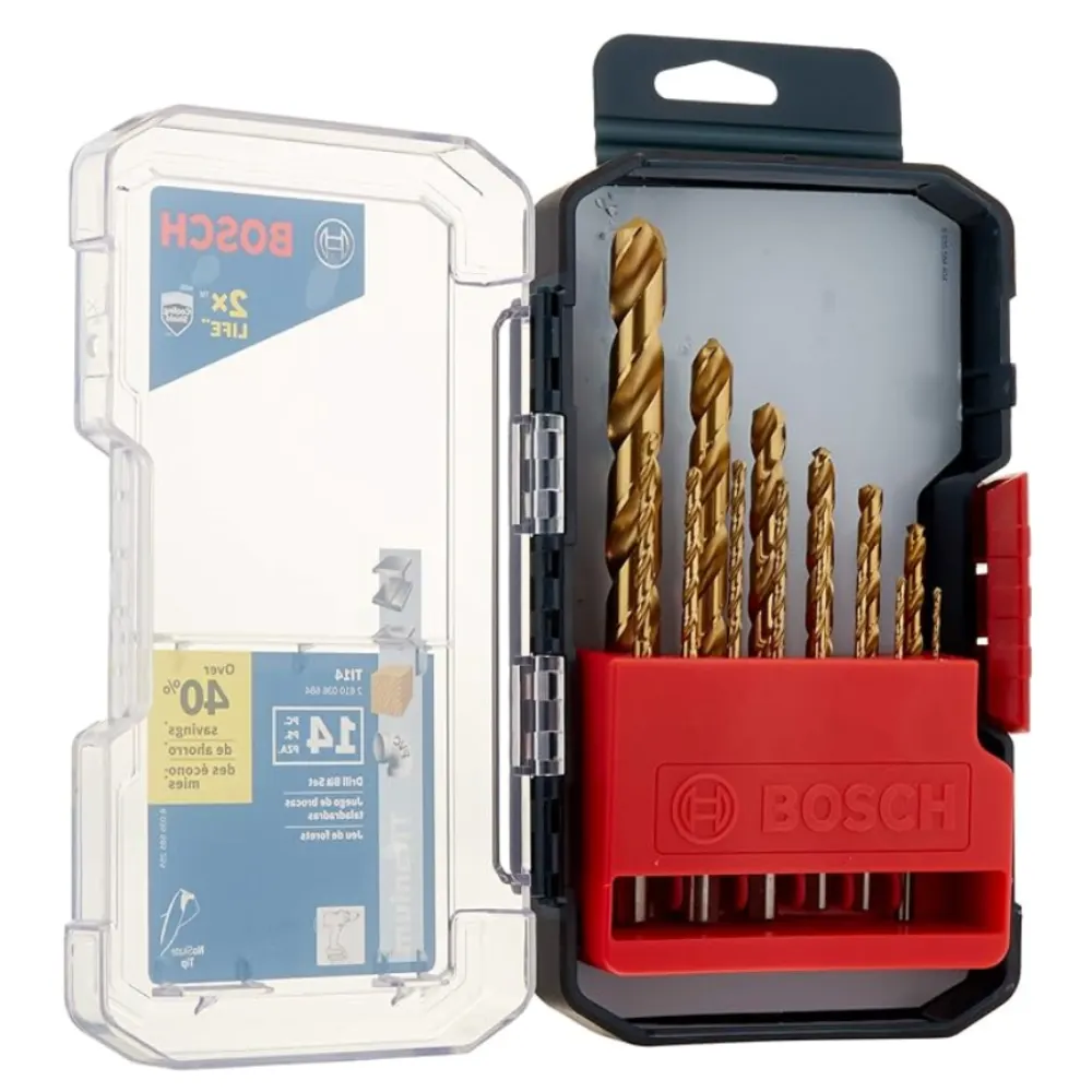  BOSCH TI14 14-Piece Assorted Set Titanium Nitride Coated Metal Drill Bits with Included Case with Three-Flat Shank for Applications in Heavy-Gauge Carbon Steels, Light Gauge Metal, Hardwood 
