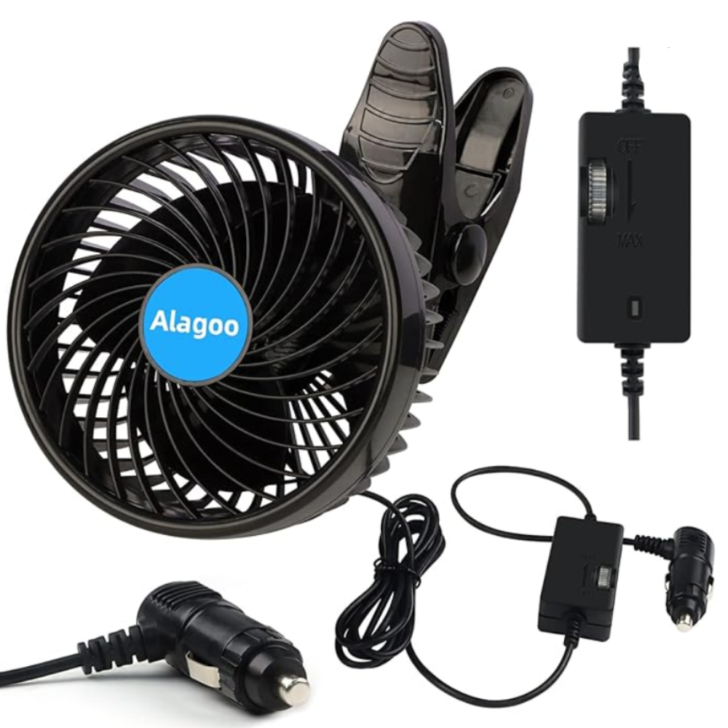  Alagoo Car Fan 6'' 12V Fan Cool Gadgets Clip Fan for Front Rear Seat Passenger Portable Car Seat Fan Electric Car Fans Quiet Car Air Conditioner with Cigarette Lighter Plug for Car/Vehicle SUV, RV 
