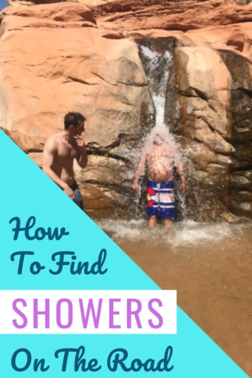 a guy showering under a natural water source with words overlay 'How To Find Showers On The Road'