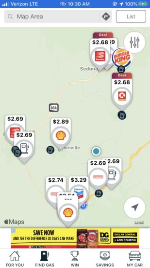 Map of gas stations on the gas buddy app map