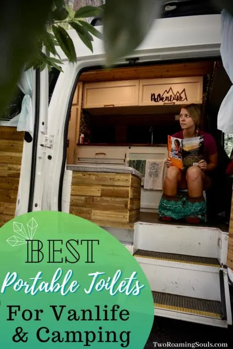 a girl sitting on a cassette toilet with words overly saying best portable toilets for camping & vanlife