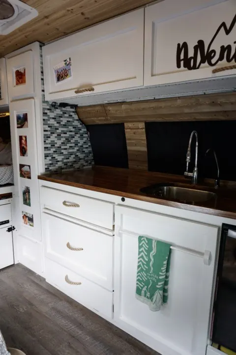 DIY rope drawer handles in a campervan kitchen