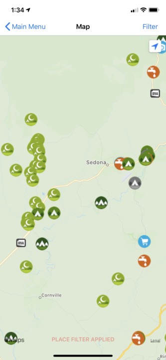 map of campsites on iOverlander app