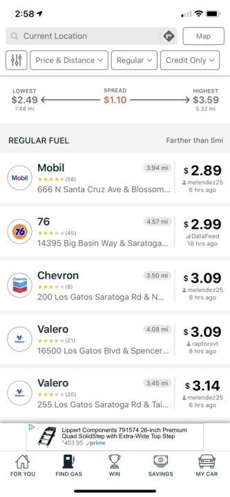 List of gas stations on the Gas Buddy App