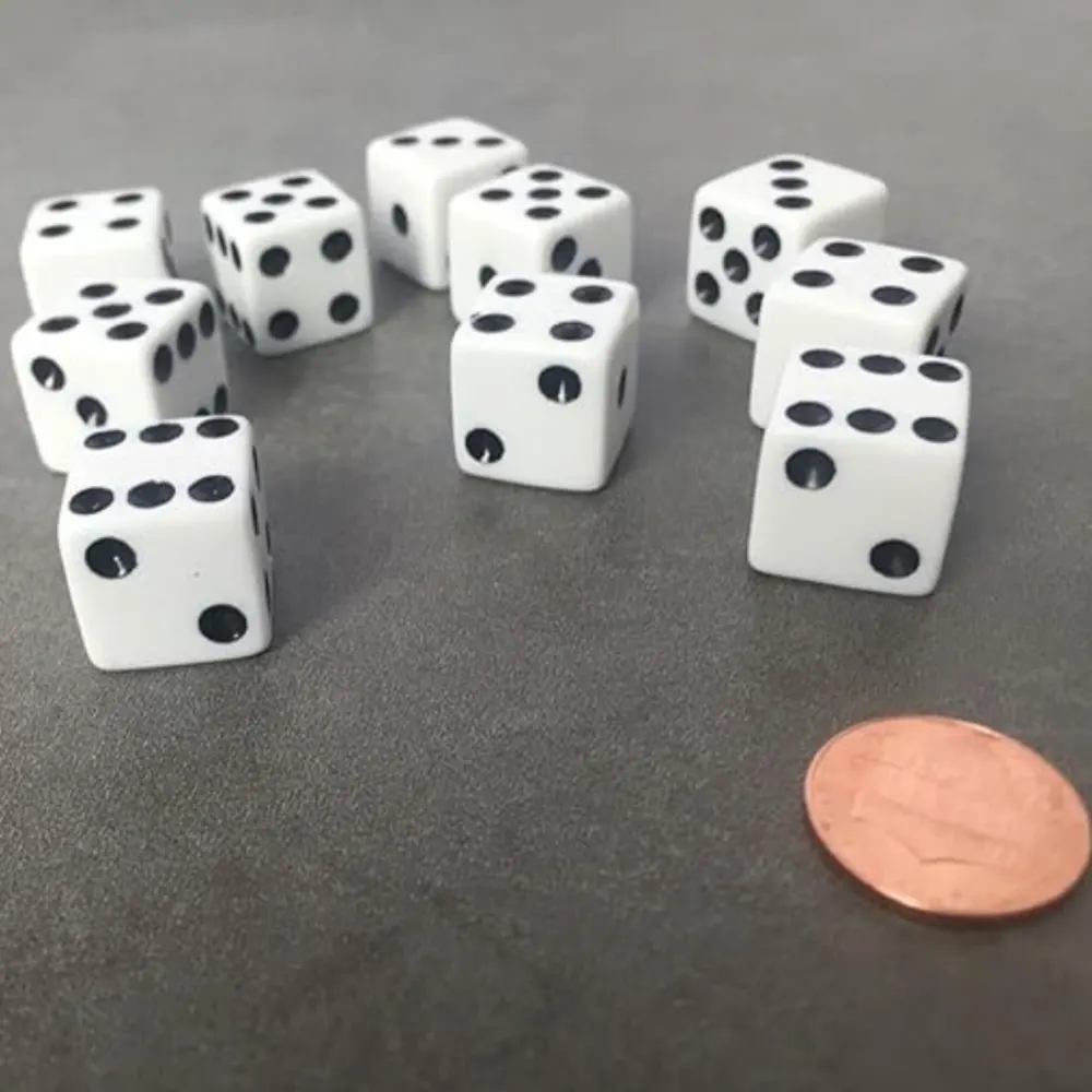 Set of 10 Six Sided D6 16mm Standard Dice Die - White with Black Pips