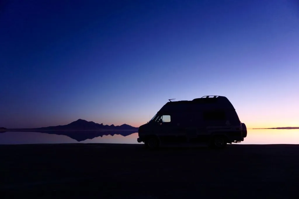 Van silhouette at Bonneville Salt Flats
