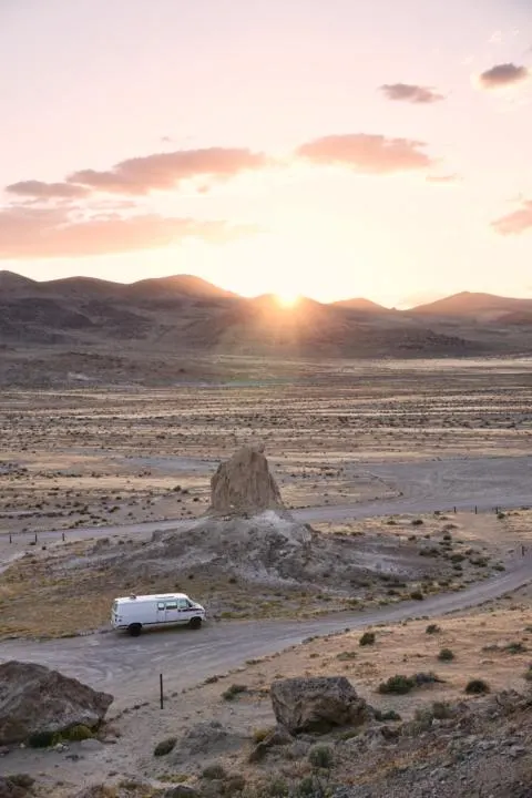 A campervan living vanlife out in the desert