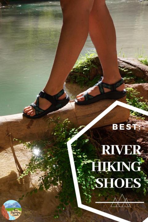 a girl hiking on a log with river hiking shoes (chaco's)