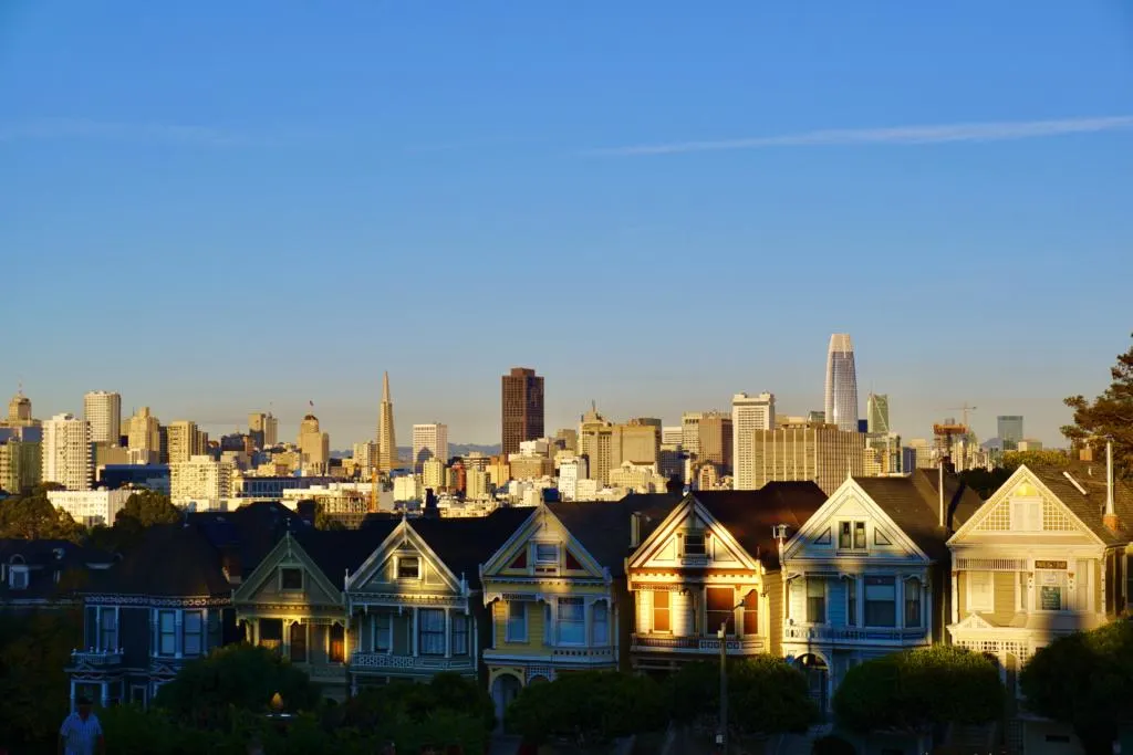 The historic Painted Ladies from Alamo Park viewing the city in the background