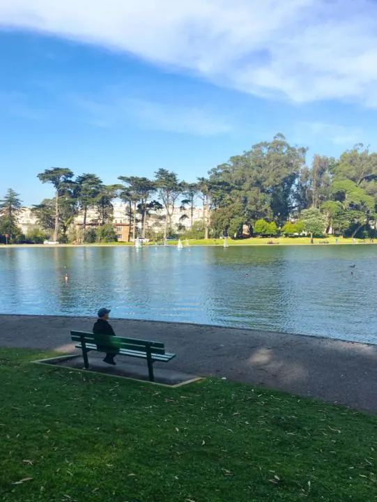 A man sitting on a bench at the pond at Golden Gate State Park