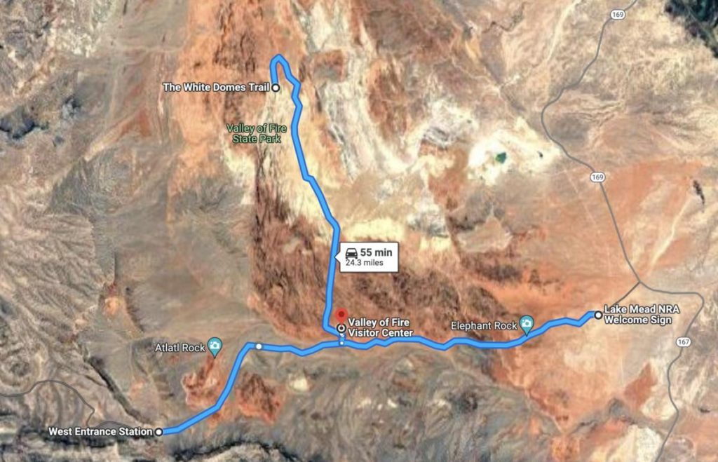A map of the main roads in Valley Of Fire State Park NV