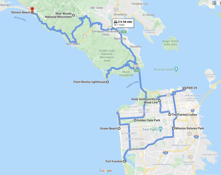 Google Maps showing the route of a 3 day itinerary for the ultimate san francisco road trip