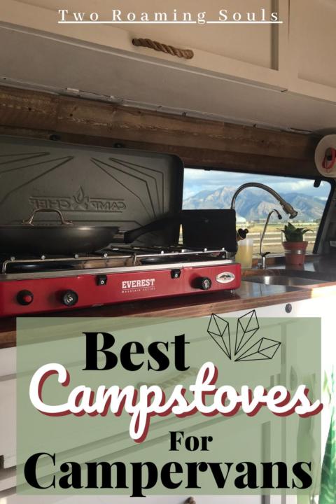 a pinterest pin showing a campstove on the counter referred to as one of the best camper stoves for campervans