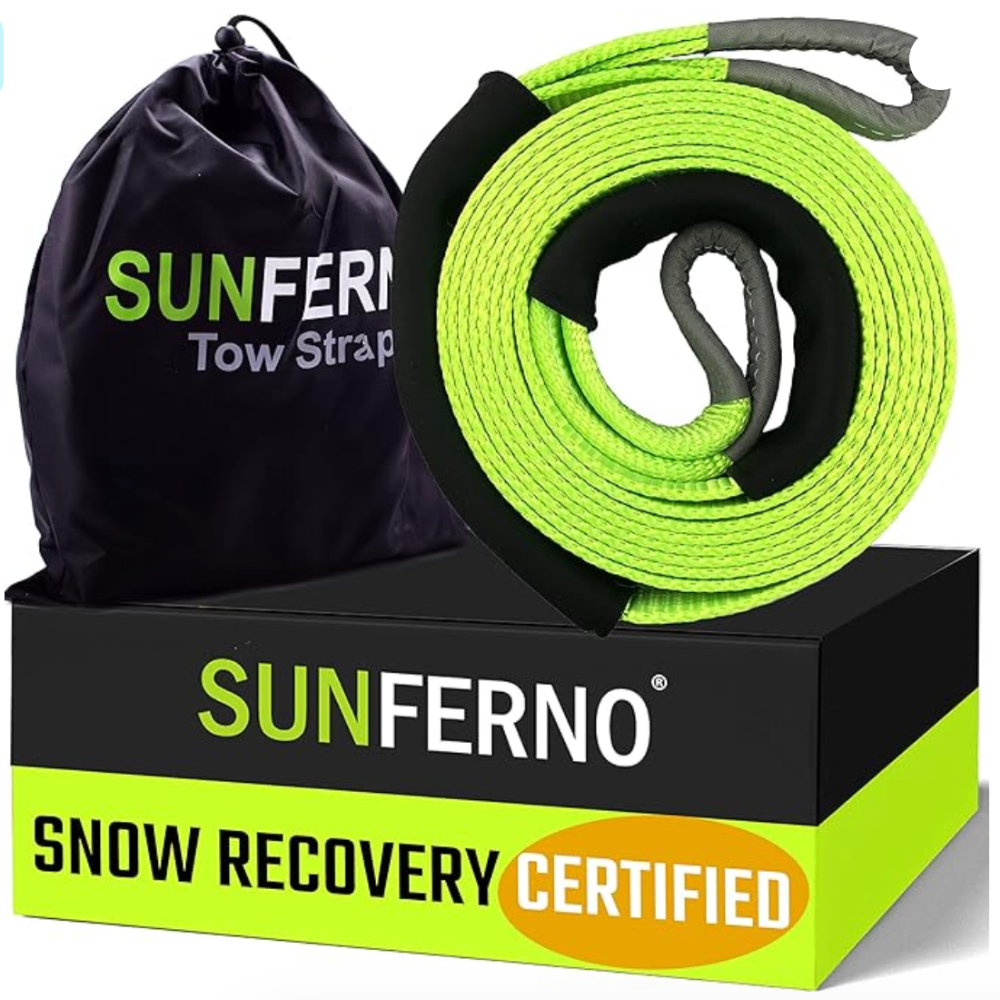  Sunferno Recovery Tow Strap 35000lb Break Strength - Lab Tested Heavy Duty 3"x20' Winch Snatch Straps - Recover Your Vehicle Stuck in Mud/Snow - Protective Loops - Off Road Towing Rope Truck Accessory 