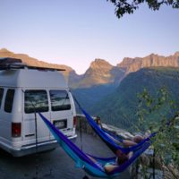 Our Hammocks hanging off the van in Glacier National Park