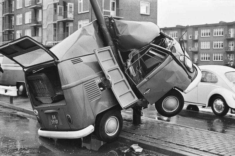 When you choose a van, consider safety, here's a picture of a Volkswagen bus folding in half around a telephone pole