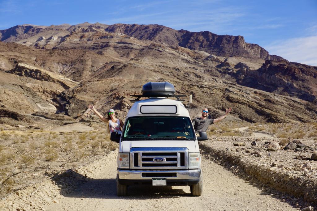 Our campervan driving off-road in Death Valley, while we debate the merits of 2wd vs 4wd vans