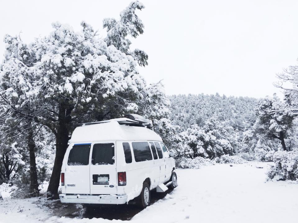 A campervan in snow needs good winter tires.