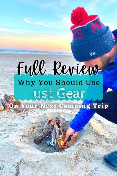 jake using a flint starter for building a campfire on the beach. Text overlay: full review, why you should use ust hear on your next camping trip