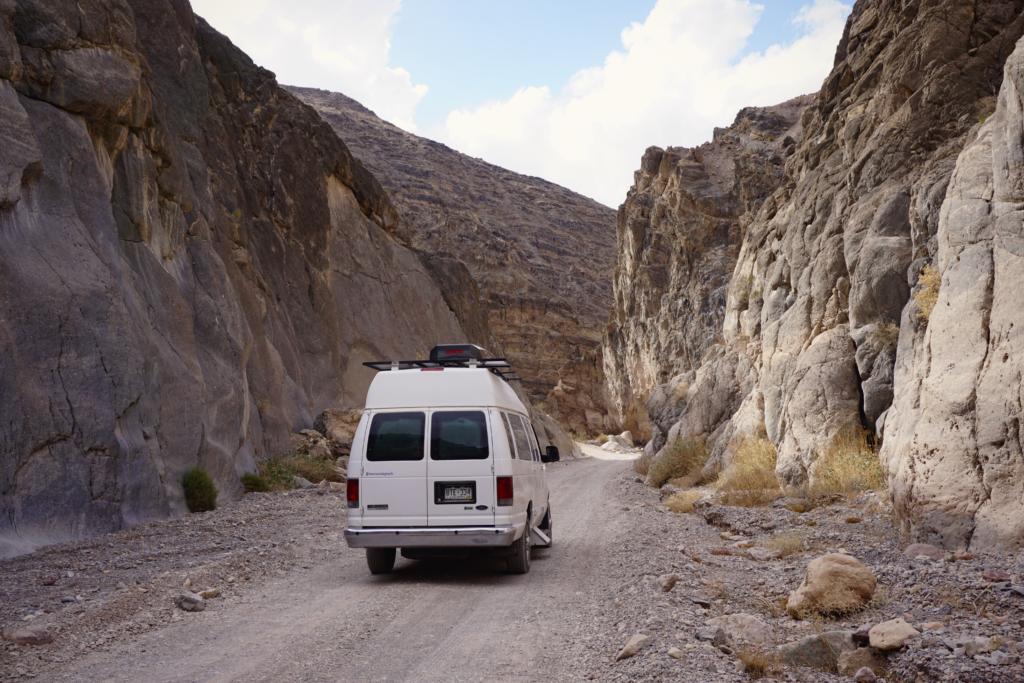 Driving Titus Canyon Road in Death Valley National Park in our 2wd campervan.