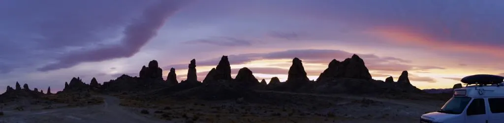 A colorful sunset panorama at the Trona Pinnacles