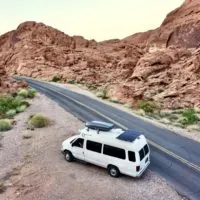 Top view of our van at Valley Of Fire State Park in Nevada, mount solar panels on a fiberglass roof