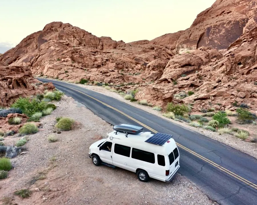 Top view of our van at Valley Of Fire State Park in Nevada, mount solar panels on a fiberglass roof