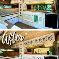 Before and After of adding wallpaper to our campervan cabinets.