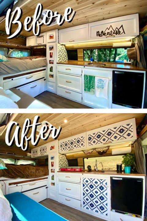 Before and After of adding wallpaper to our campervan cabinets.