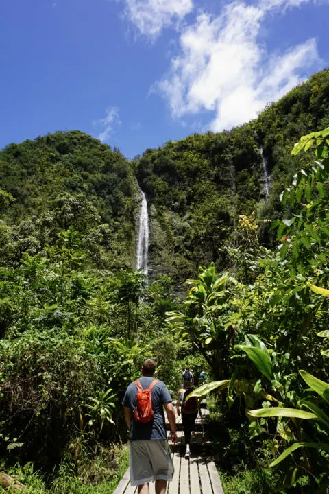 Tourists marveling at the 400 foot Waimoku Falls.