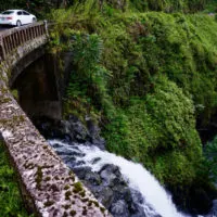 Looking over the one-lane bridge at Lower Wailua Iki Falls.