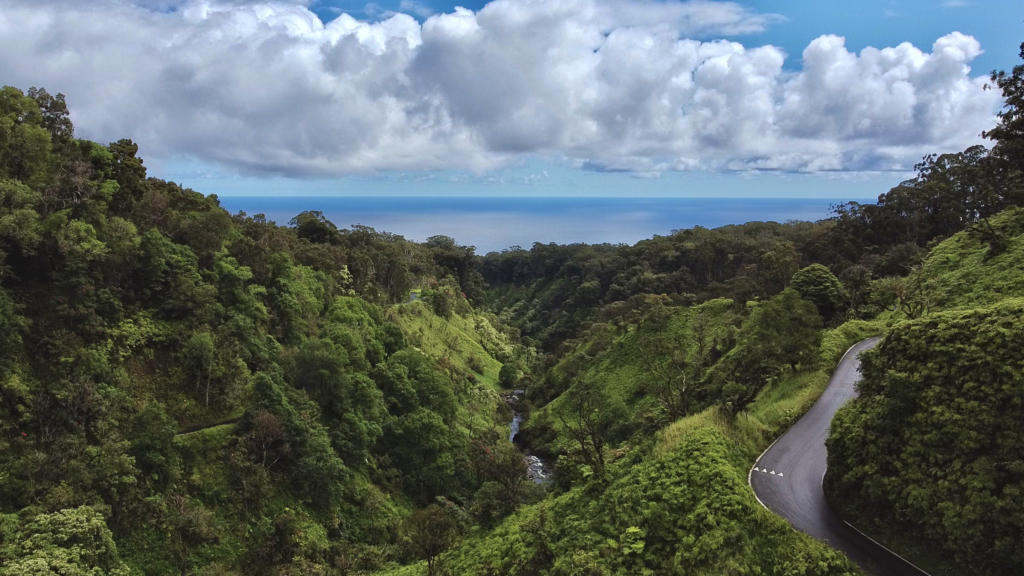 Arial drone photo of the Road To Hana.
