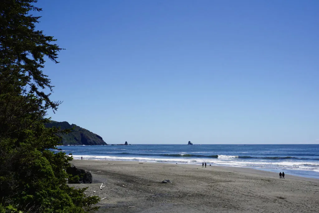Several couples stroll the long, sandy Whaleshead Beach on the Samuel H. Boardman State Scenic Corridor in Oregon.
