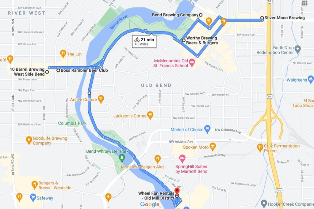 Our route on the self-guided brewery tour in Bend, Oregon
