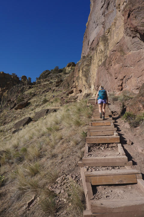 The stairs on the climb up Misery Ridge if you go counter-clockwise on the Smith Rock State Park 1-day itinerary