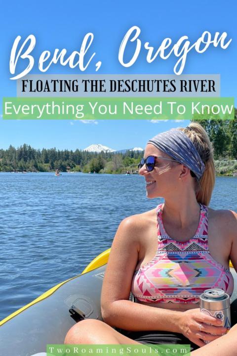 Pinterest Pin of a girl (Emily) floating the Deschutes River in Bend, Oregon