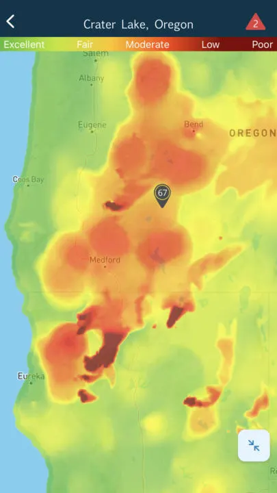 Air Quality map view from the Weather Bug App, one of the best free weather apps for vanlife.