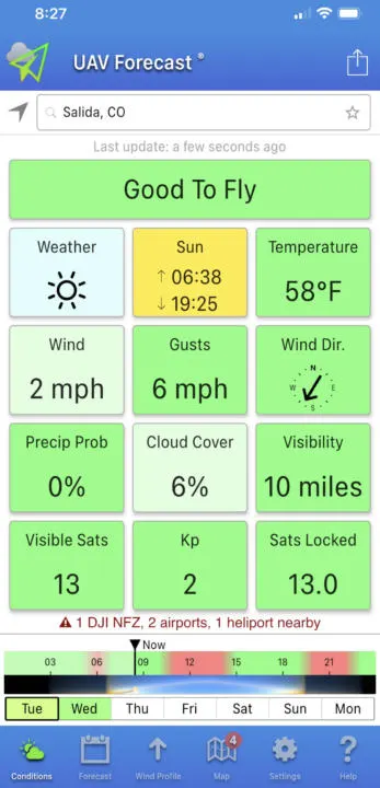 The UAV Forecast App shows clear information about when it's safe to fly a drone, and is one of the best weather apps for vanlife.