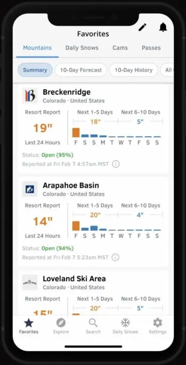 The Open Snow App interface showing snow reports and forecasts.