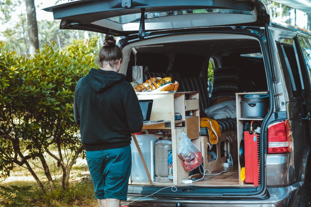 a slide out kitchen from a smaller camper, which is one of the best campervan storage ideas
