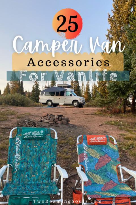a pinterest pin showing the 25 best camper van accessories for vanlife