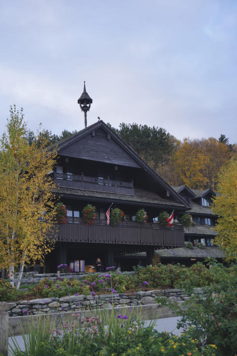 a view of the Trapp Family Lodge in Stowe, Vt, which is a great place to stay