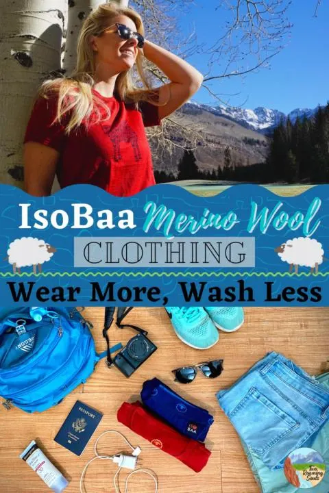 a pinterest pin with a photo of Emily wearing Isobaa Merino Wool Shirt and 2 Isobaa items getting packed for a trip