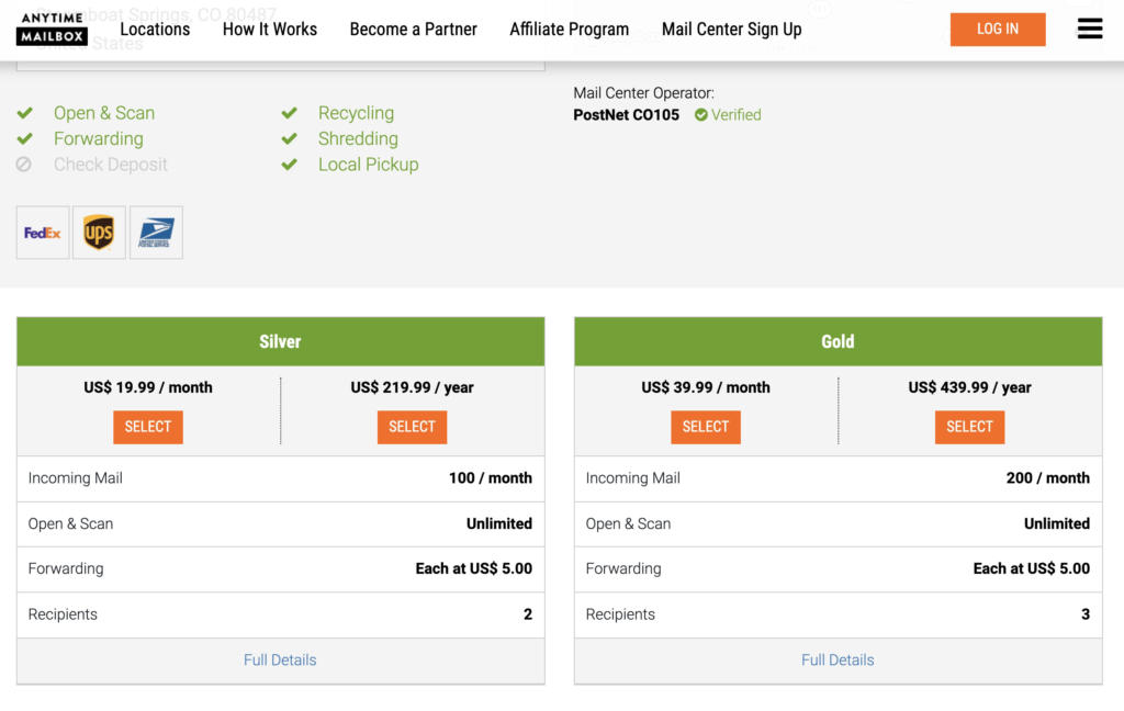 Anytime Mailbox pricing breakdown.