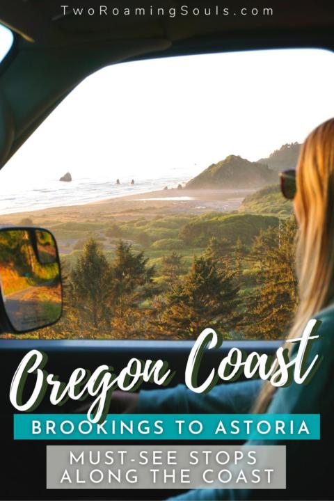 a picture of Emily sitting in the window seat starring out to the Oregon Coast with words overlay: Oregon Coast Brooking To Astoria Must-See Stops Along The Coast