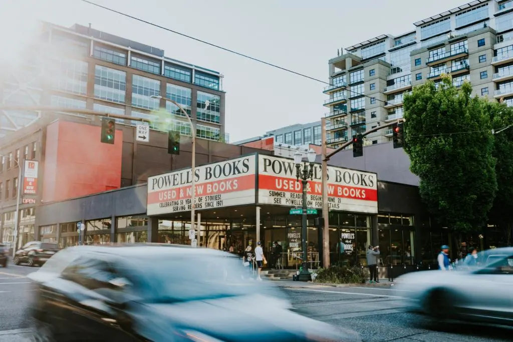 a street view of Powell's book Store, which is a must-see stop on an Oregon Road Trip